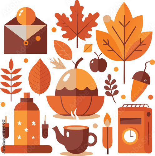 A simple flat vector illustration of pumpkins, squash, acorns, and autumn leaves. A seasonal harvest design perfect for Thanksgiving, fall decor, woodland themes, and cozy rustic backgrounds.
