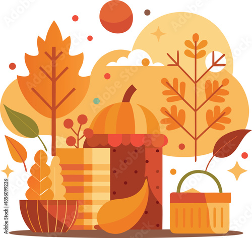 A simple flat vector illustration of pumpkins, squash, acorns, and autumn leaves. A seasonal harvest design perfect for Thanksgiving, fall decor, woodland themes, and cozy rustic backgrounds.
