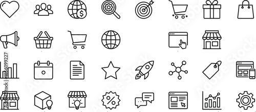 Ecommerce business icon set, online shopping marketing symbols, startup growth tools, digital commerce elements, outline style, cad drawing flat vector illustration
