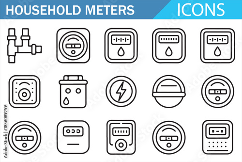 Outline Household Utility Icons for Energy Monitoring and Billing