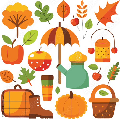 A simple flat vector illustration of pumpkins, squash, acorns, and autumn leaves. A seasonal harvest design perfect for Thanksgiving, fall decor, woodland themes, and cozy rustic backgrounds.
