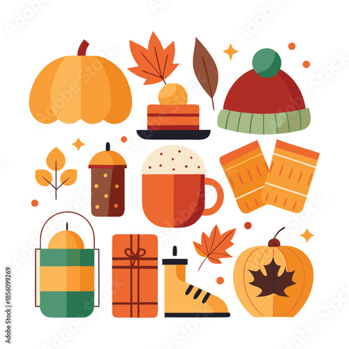 A simple flat vector illustration of pumpkins, squash, acorns, and autumn leaves. A seasonal harvest design perfect for Thanksgiving, fall decor, woodland themes, and cozy rustic backgrounds.
