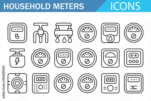 Utility Meter Line Icons Collection for Smart Home and Energy Management