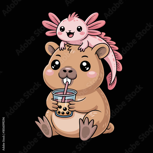 A cartoon capybara enjoys a bubble tea drink while an adorable pink axolotl sits on its head.