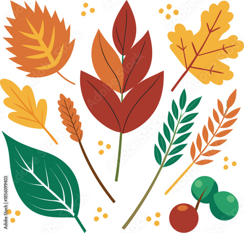 A simple flat vector illustration of pumpkins, squash, acorns, and autumn leaves. A seasonal harvest design perfect for Thanksgiving, fall decor, woodland themes, and cozy rustic backgrounds.
