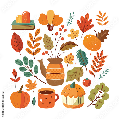 A simple flat vector illustration of pumpkins, squash, acorns, and autumn leaves. A seasonal harvest design perfect for Thanksgiving, fall decor, woodland themes, and cozy rustic backgrounds.
