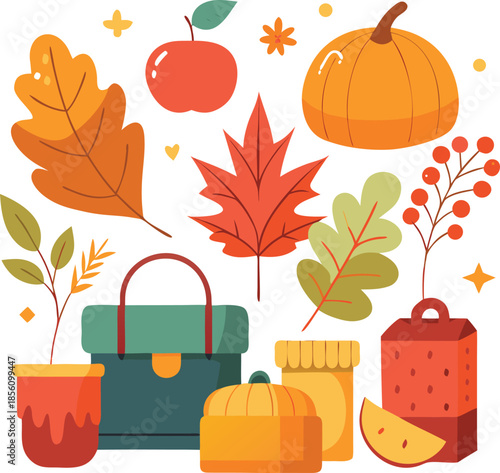 A simple flat vector illustration of pumpkins, squash, acorns, and autumn leaves. A seasonal harvest design perfect for Thanksgiving, fall decor, woodland themes, and cozy rustic backgrounds.
