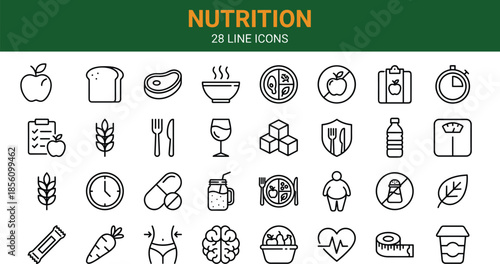 Nutrition line icons set, healthy food symbols, diet wellness elements, minimal outline design, food health concept, cad drawing flat vector illustration