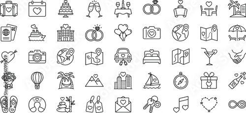 wedding, love, romance, honeymoon, marriage, travel, celebration, couple, heart, engagement, vacation, relationship, ceremony, bridal, anniversary, happiness, destination, event, icons, vector
