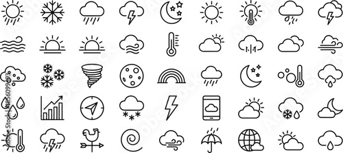 weather, forecast, climate, meteorology, temperature, rain, snow, storm, cloud, sun, wind, thunder, lightning, season, nature, environment, climatechange, prediction, icons, vector
