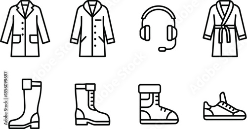 Collection of nine black and white icons for clothing and accessories including hats and dresses