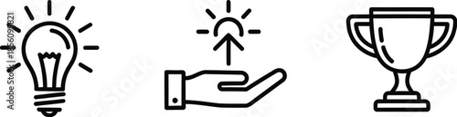 Three black and white icons representing a light bulb idea symbol and a hand with a star for success
