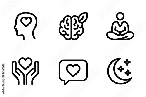 Mental health wellness and spiritual meditation line icons