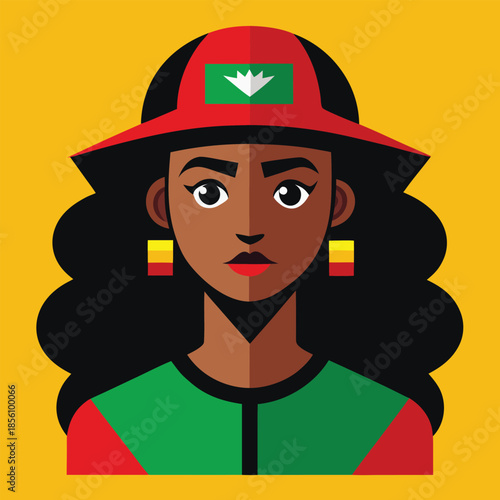 Woman wearing bangladesh flag hat and colorful outfit on yellow background