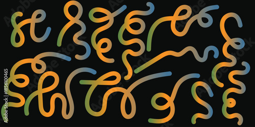 Abstract Swirls and Curves with Orange Blue and Green Gradient on Black Background Keywords