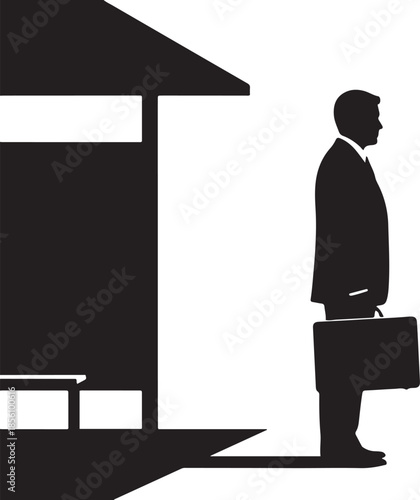 A silhouetted businessman stands with a briefcase near a bus stop shelter waiting patiently