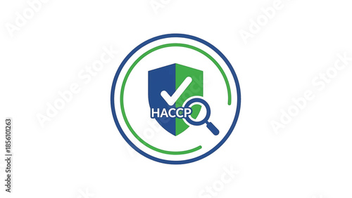 Logo representing HACCP compliance with a shield and magnifying glass on a clean background