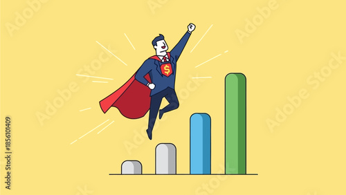 Business Superhero Leaping Over Growth Bar Chart for Success Concept Businessman superhero success