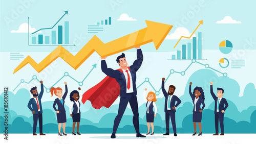 Business Leader Holding Upward Trending Arrow with Supporting Team in Background Businessman superhero success