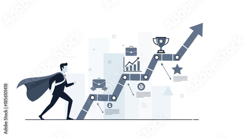 Businessman in Cape Ascending Growth Chart Towards Achievement Icon Businessman superhero success