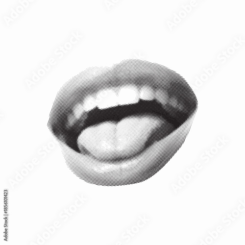 Closeup of an open mouth with tongue visible, black and white halftone illustration style