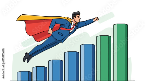 Businessman in Suit Flying Past Rising Bar Chart for Business Growth Concept Businessman superhero success