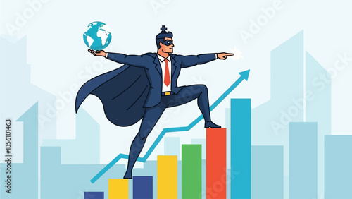 Business Leader in Cape Posing as Superhero Standing on Rising Bar Chart Holding Globe Businessman superhero success