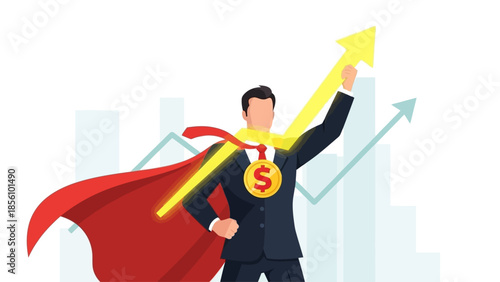Business Leader in Superhero Attire Celebrating Financial Growth and Success on Graph Background Businessman superhero success
