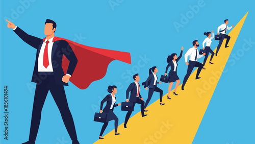 Business Leader Guiding Team Upward Success Pathway Illustration Businessman superhero success