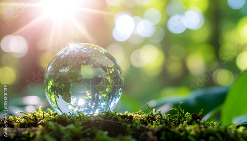 Crystal Globe: A crystal ball set atop mossy ground, reflecting a vibrant natural backdrop, with a bright burst of sunlight piercing through. 