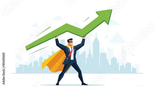 Businessman with Cape Holding Upward Trending Green Arrow for Business Success Concept Businessman superhero success