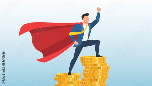 Businessman with Trophy and Upward Trending Bar Chart Representing Success and Achievement Businessman superhero success