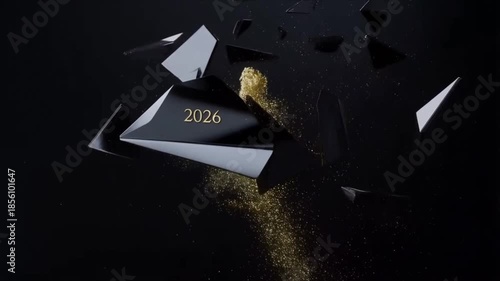 Explosion d'une pierre noire, gravée d'un 2026 et explosion de paillettes dorée. Symbole de festivité, et d'un evenement. nouvel an