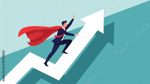 Businessman with Red Cape Ascending Upward Pointing Arrow for Growth Concept Businessman superhero success