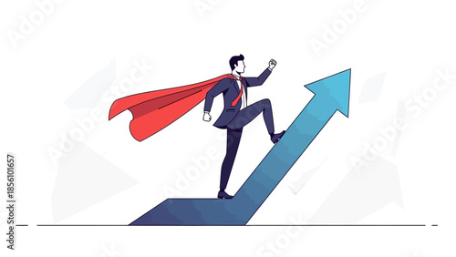 Businessman with Red Cape Ascending Steep Upward Trend Arrow Symbolizing Growth Businessman superhero success