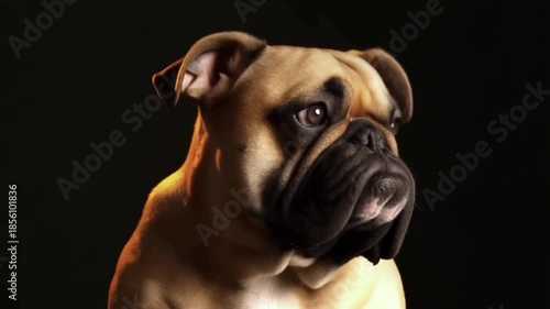 Portrait d'un bouledogue anglais isolé sur fond noir. Il fait sa moue habituelle de mécontent et tourne la tete vers la droite. lumière dorée. 
