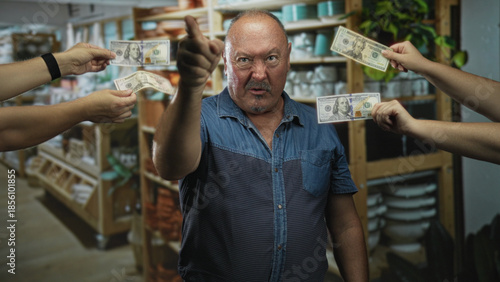 Fotografija Man reaches for cash held by outstretched hands among pottery shelves in a building; temptation decision