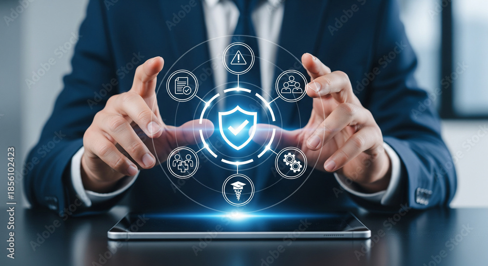 Obraz premium Business cybersecurity protection concept with secure digital shield interface professional hands using tablet for enterprise data safety