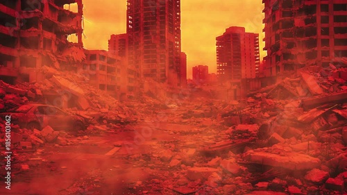 A devastated city street lies buried in rubble beneath skeletal high-rise buildings, as smoke drifts through the air under an orange sky.