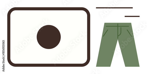 Camera lens in brown rectangle paired with stylized green pants and abstract lines. Ideal for photography, fashion, geometry, minimalism, creativity, technology, and advertising themes. Simple flat