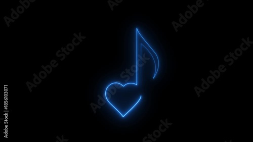 Cyan neon heart music note symbol glowing on black background ,4k Video