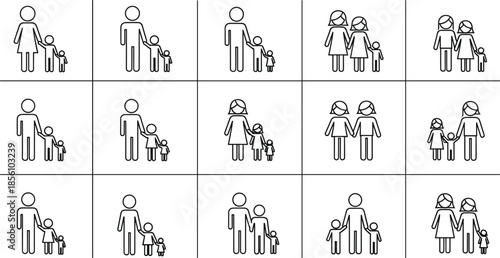 Extensive Bundle of Minimalist Family Line Art Icons Featuring Diverse Couples Single Parents Children Pets and Active Daily Lifestyle Parenting Illustrations