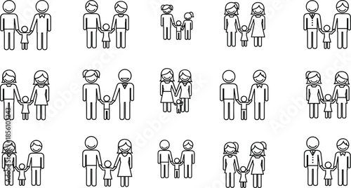 Comprehensive Set of Minimalist Family Line Art Icons Featuring Diverse Couples Single Parents Children Pets and Active Daily Lifestyle Parenting Illustrations