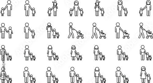 Extensive Collection of Minimalist Family Line Art Icons Featuring Diverse Couples Single Parents Children Pets and Active Daily Lifestyle Parenting Illustrations