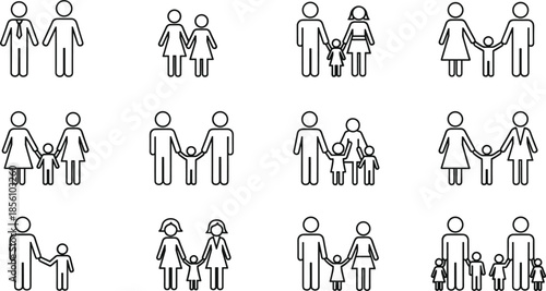 Extensive Bundle of Minimalist Family Line Art Icons Featuring Diverse Couples Single Parents Children Pets and Active Daily Lifestyle Parenting Illustrations