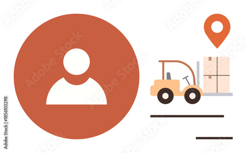 Forklift transporting boxes, user profile icon, and location marker. Ideal for supply chain, delivery, warehouse management, inventory, logistics tracking business. Simple flat metaphor