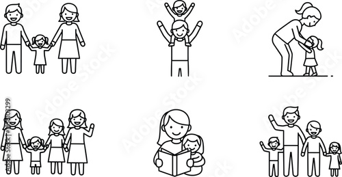 Vector Illustration Set of Happy Family Line Icons Featuring Parents Reading Playing and Spending Quality Time Together for Minimalist Graphic Design