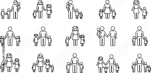 Comprehensive set of minimalist family icons featuring diverse LGBTQ couples single parents pregnant women children and pets in line art styles
