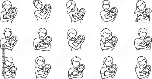 Diverse family icon collection featuring inclusive couples pregnant women newborns and single parents with pets in minimalist black line art vector style