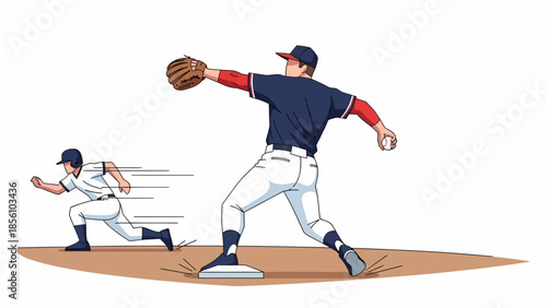 Baseball first baseman catching ball to out runner